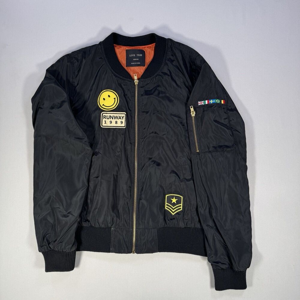 Love Tree Women’s Black Bomber Jacket Medium Runway 1989 Smiley Patch Flight